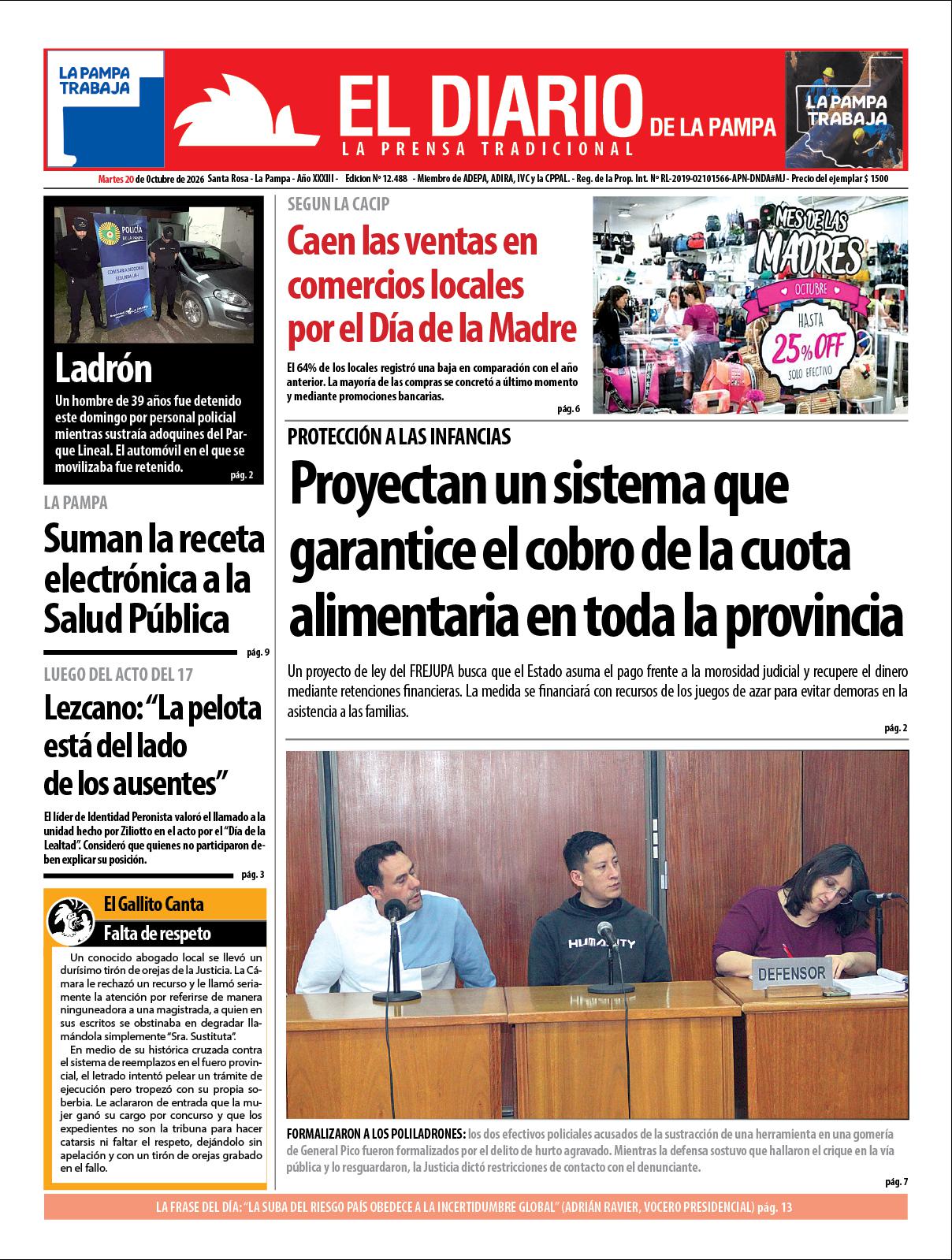 Tapa de El Diario en papel  martes 20 de octubre de 2026